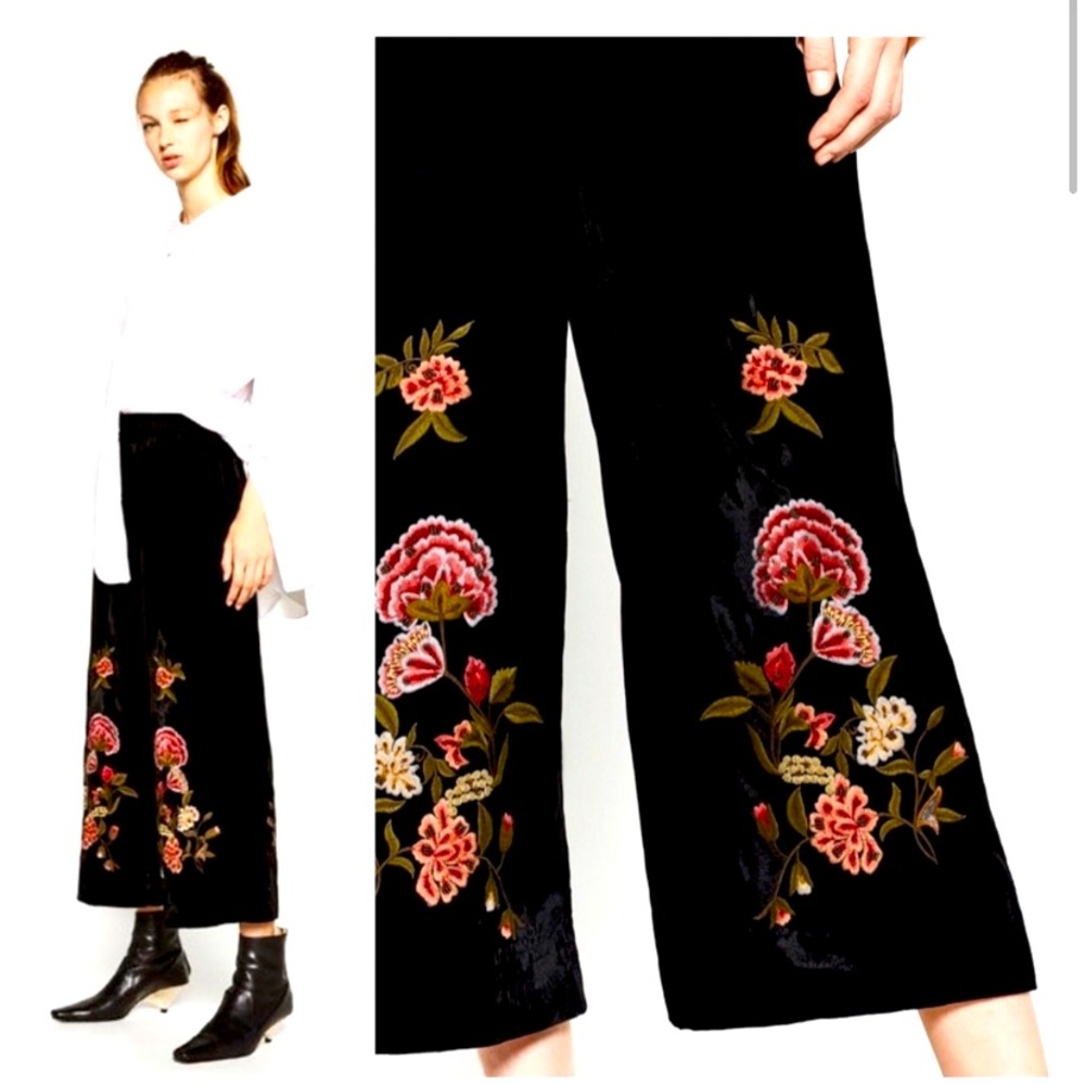Zara Flower Embroidered Velvet Culottes